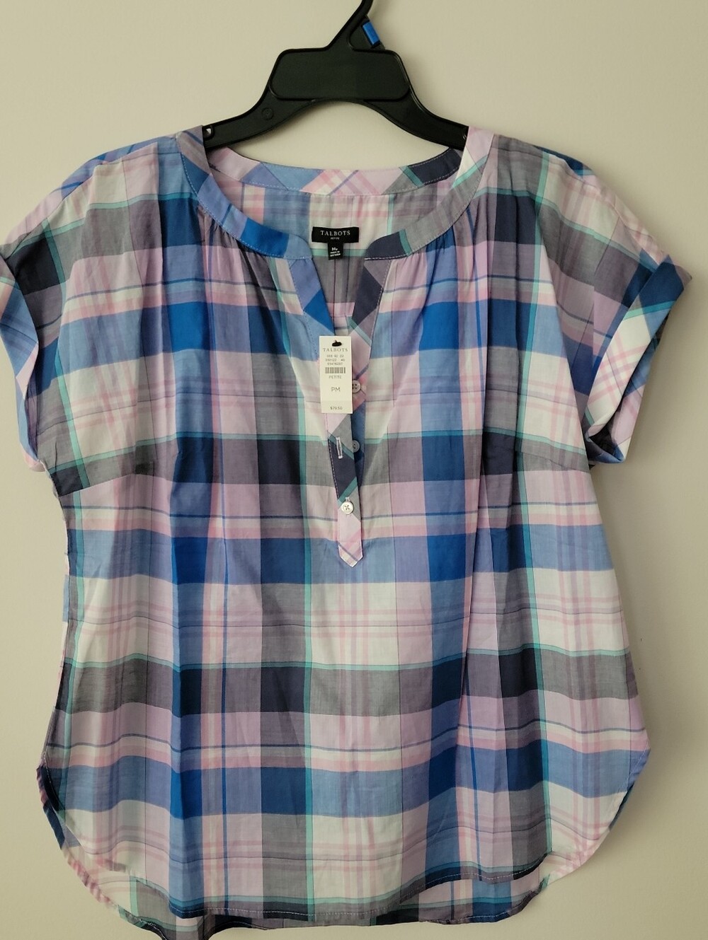 Talbots Size Mp Short Cuffed Sleeve Country Blouse  Plaid Blue And Pink NWT $79